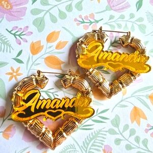 Amanda earrings gold tone bamboo big bold doorknocker name jewelry